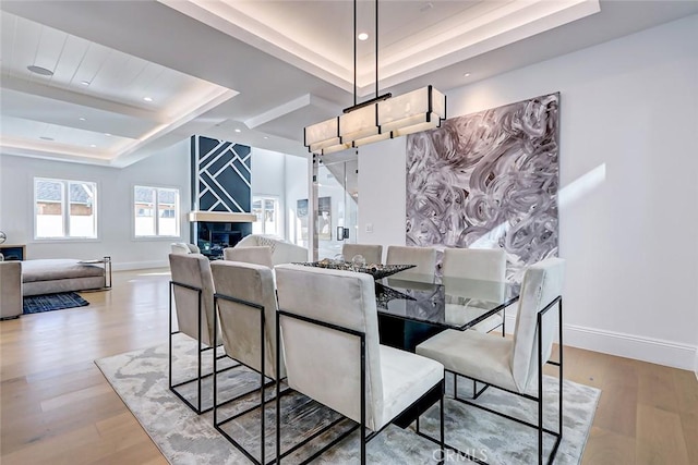 dining room with light hardwood / wood-style flooring and a raised ceiling