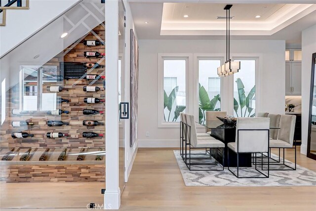 wine room with light hardwood / wood-style flooring and a tray ceiling