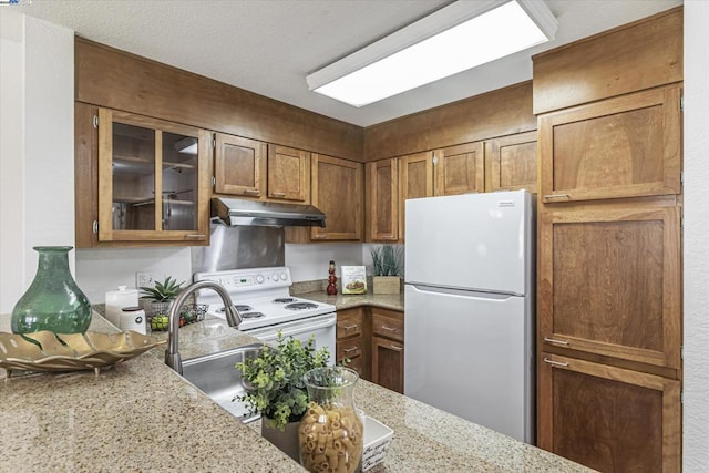 kitchen featuring light stone counters, sink, and white appliances