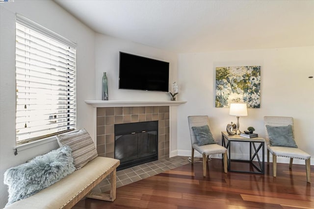 living area featuring a fireplace, a wealth of natural light, and dark hardwood / wood-style floors