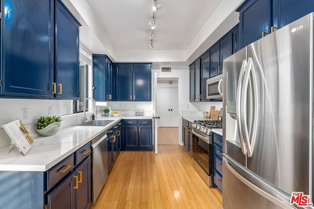 kitchen with sink, light hardwood / wood-style flooring, blue cabinetry, rail lighting, and stainless steel appliances