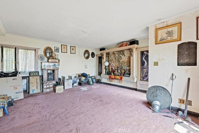 interior space featuring crown molding and carpet