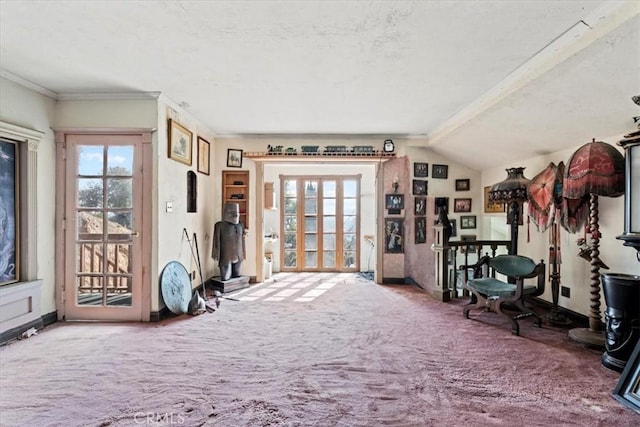 misc room featuring crown molding, plenty of natural light, and carpet floors