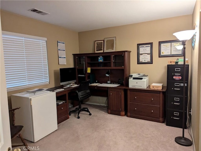 home office with light carpet