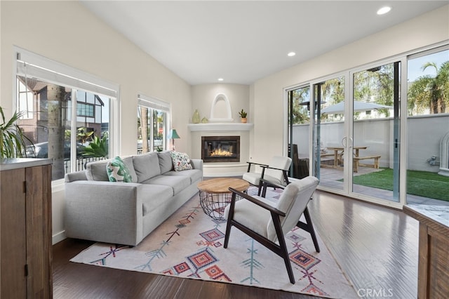 living room with wood-type flooring and a fireplace