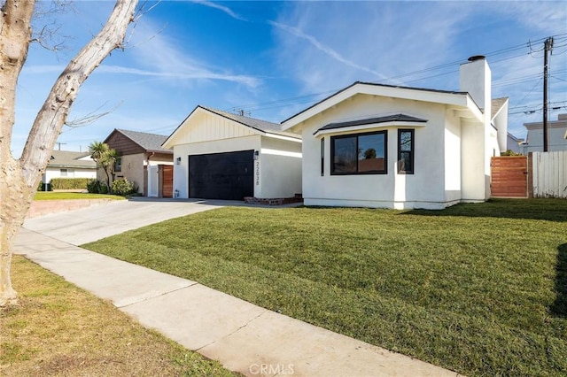 view of front facade featuring a garage, concrete driveway, fence, and a front lawn