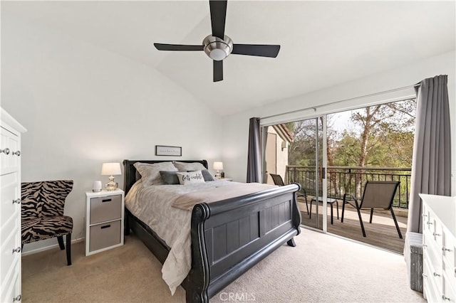 carpeted bedroom featuring vaulted ceiling, access to exterior, and ceiling fan