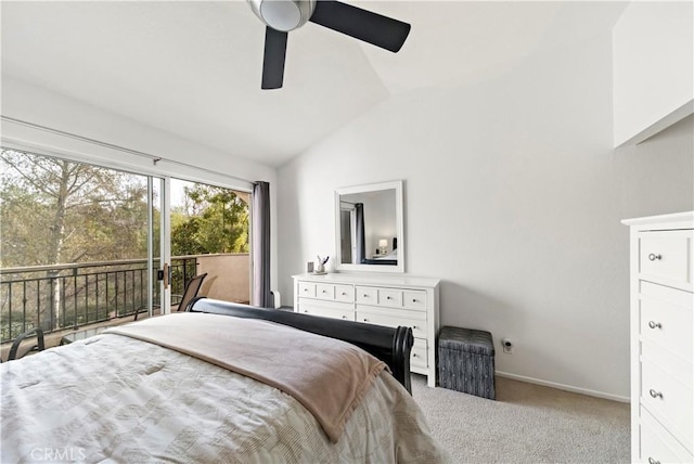 carpeted bedroom featuring vaulted ceiling, access to exterior, and ceiling fan