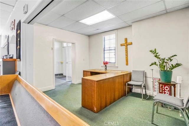 carpeted home office featuring a drop ceiling