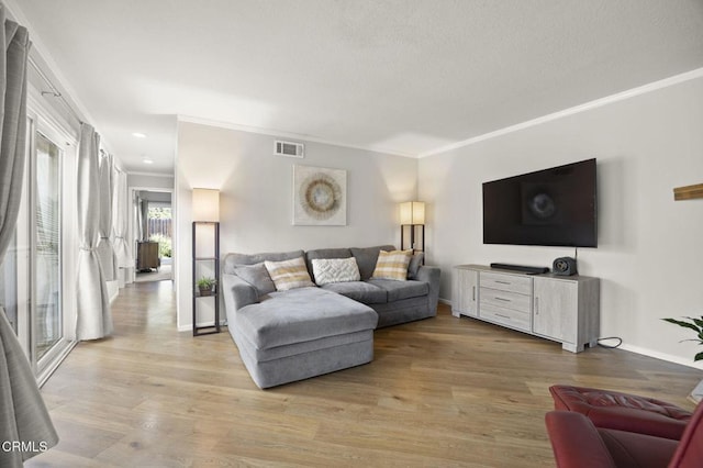 living room featuring crown molding and light hardwood / wood-style flooring