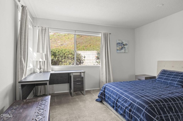 carpeted bedroom with a textured ceiling