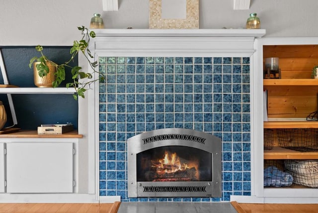 details with a tiled fireplace and heating unit