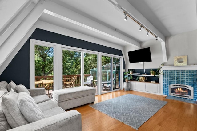 living room with hardwood / wood-style flooring, a tile fireplace, and track lighting