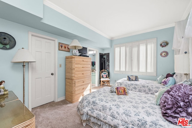 bedroom with crown molding and light colored carpet