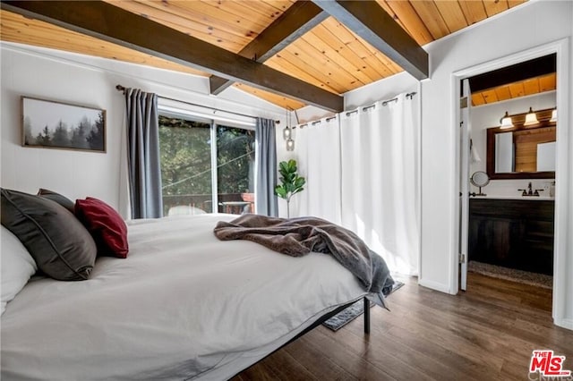 bedroom featuring dark hardwood / wood-style flooring, connected bathroom, wood ceiling, and lofted ceiling with beams