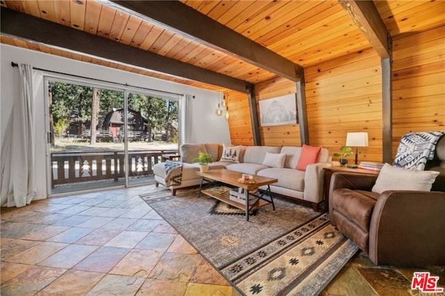 living room featuring beamed ceiling, wooden ceiling, and wood walls