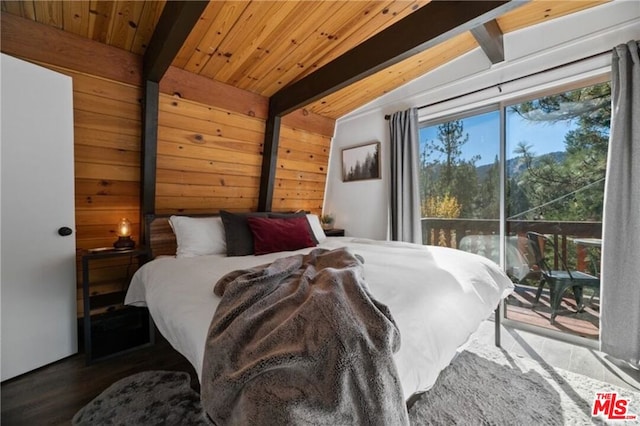 bedroom featuring wood walls, lofted ceiling with beams, hardwood / wood-style flooring, access to exterior, and wood ceiling