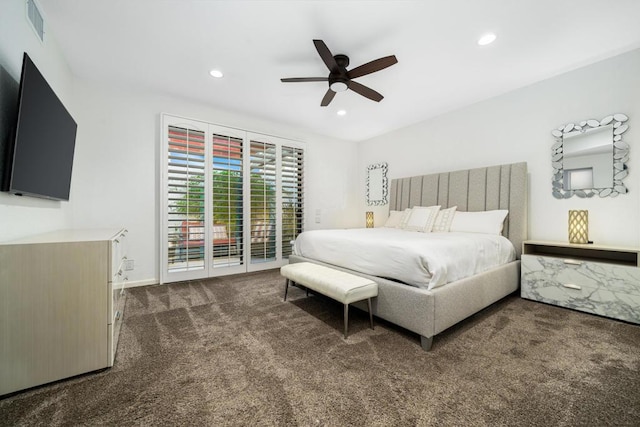 carpeted bedroom featuring access to exterior and ceiling fan