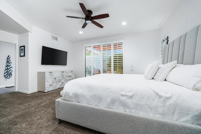 carpeted bedroom with ceiling fan