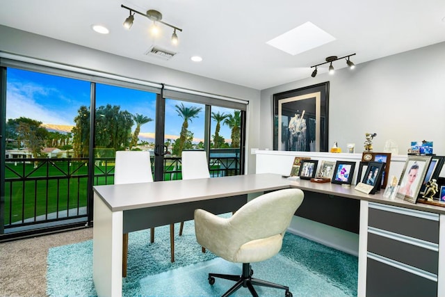 carpeted office space featuring a skylight