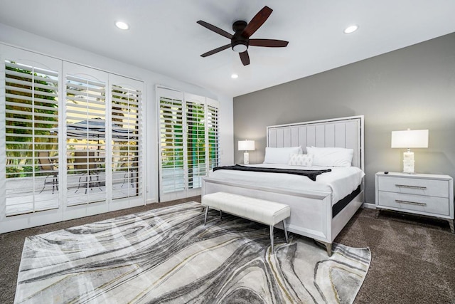 carpeted bedroom with ceiling fan, lofted ceiling, and access to outside