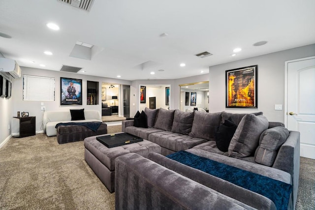 carpeted living room featuring a wall mounted AC