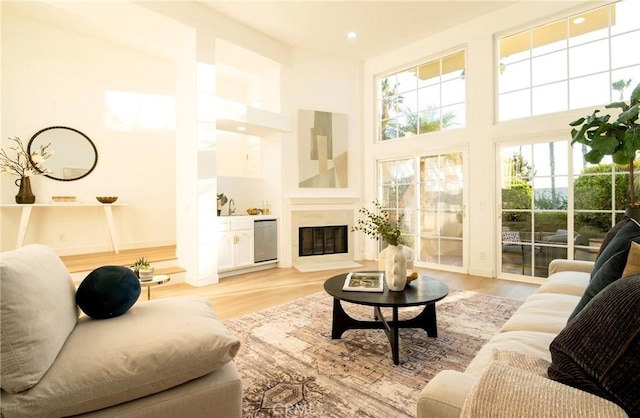 living room with a high ceiling and light wood-type flooring