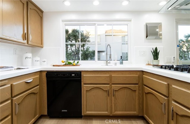 kitchen featuring white gas stovetop, black dishwasher, sink, and decorative backsplash