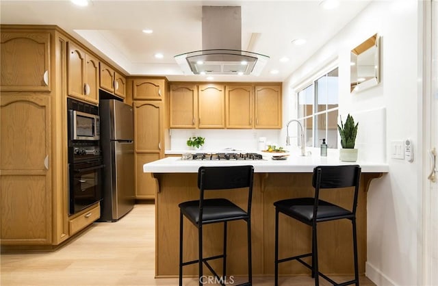 kitchen with stainless steel appliances, island range hood, a kitchen breakfast bar, and kitchen peninsula