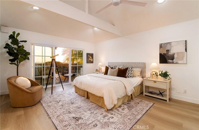 bedroom with lofted ceiling, access to exterior, light hardwood / wood-style floors, and ceiling fan