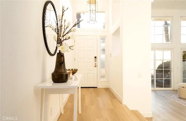 entryway with hardwood / wood-style flooring and a towering ceiling