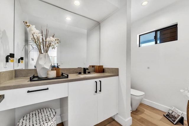 bathroom featuring vanity, wood-type flooring, and toilet