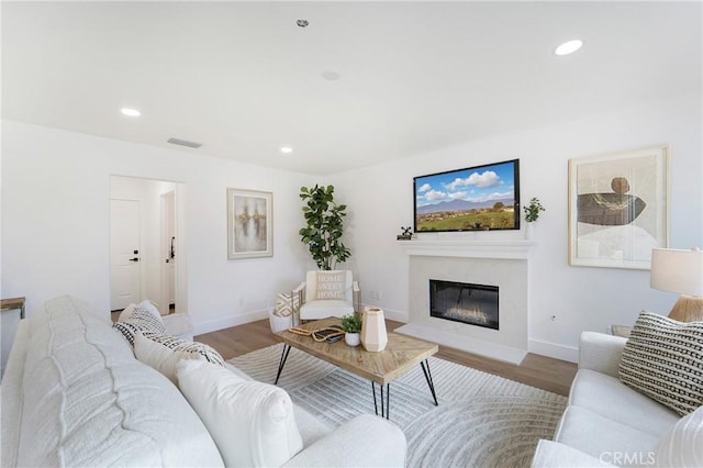 living room with a premium fireplace and light hardwood / wood-style flooring