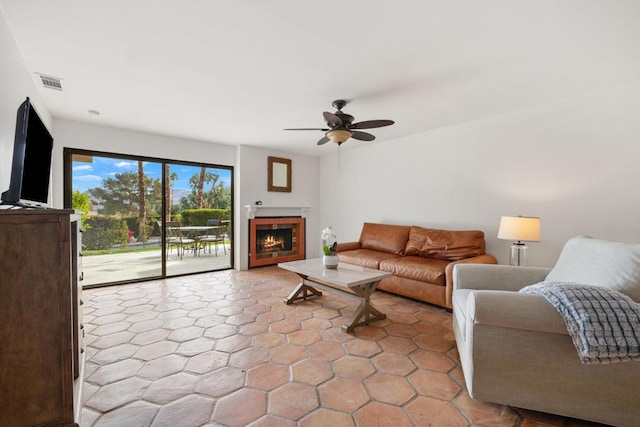 living room with ceiling fan