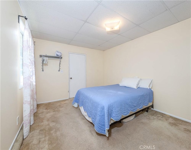 bedroom featuring carpet and a drop ceiling