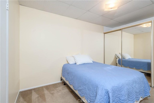 bedroom featuring light colored carpet, a drop ceiling, and a closet