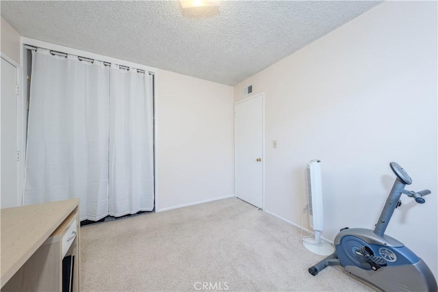 workout area featuring light colored carpet and a textured ceiling