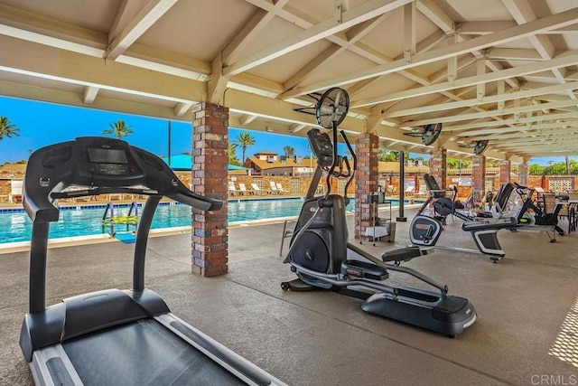 26405 Cherry Hills Blvd, Menifee, CA 92586 - exercise room featuring beamed ceiling, high vaulted ceiling, and decorative columns