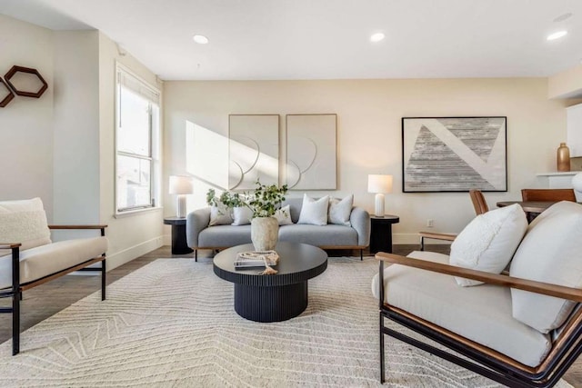 living room with light hardwood / wood-style flooring