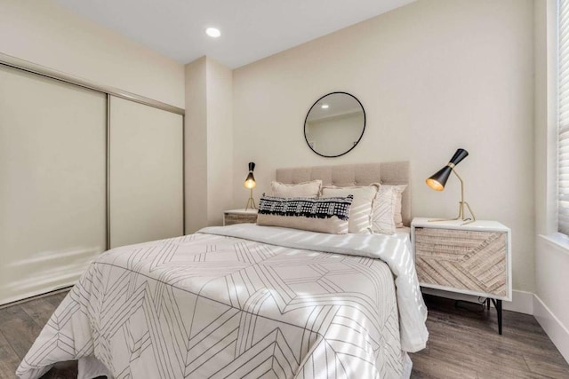 bedroom featuring wood-type flooring and a closet