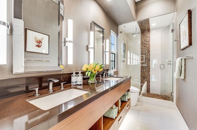 bathroom featuring vanity, decorative backsplash, tile patterned floors, toilet, and walk in shower