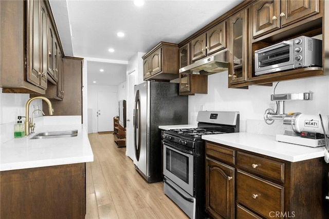 kitchen with light wood-type flooring, sink, dark brown cabinets, and appliances with stainless steel finishes