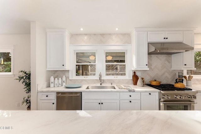 kitchen featuring appliances with stainless steel finishes, sink, decorative backsplash, and white cabinets