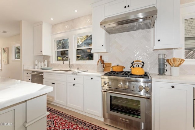 kitchen with white cabinetry, sink, decorative backsplash, and appliances with stainless steel finishes