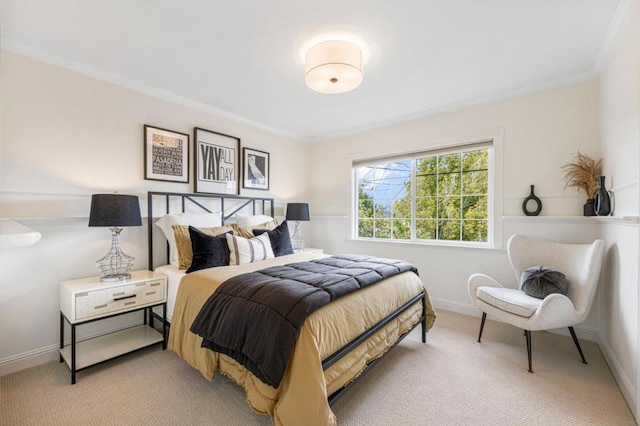 bedroom featuring light colored carpet and ornamental molding