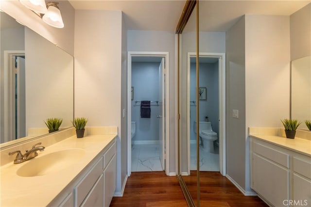 bathroom with vanity, wood-type flooring, and toilet