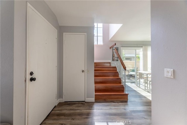 stairway featuring hardwood / wood-style flooring