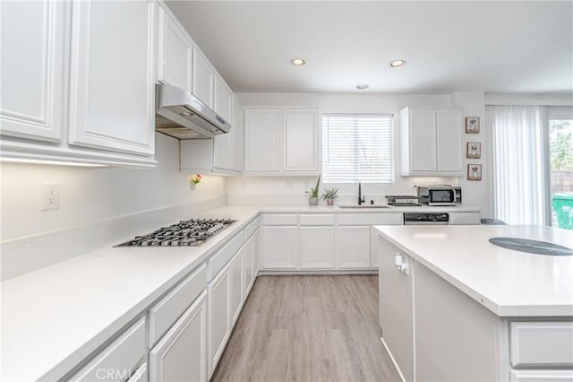 kitchen with appliances with stainless steel finishes, sink, light hardwood / wood-style flooring, and white cabinets