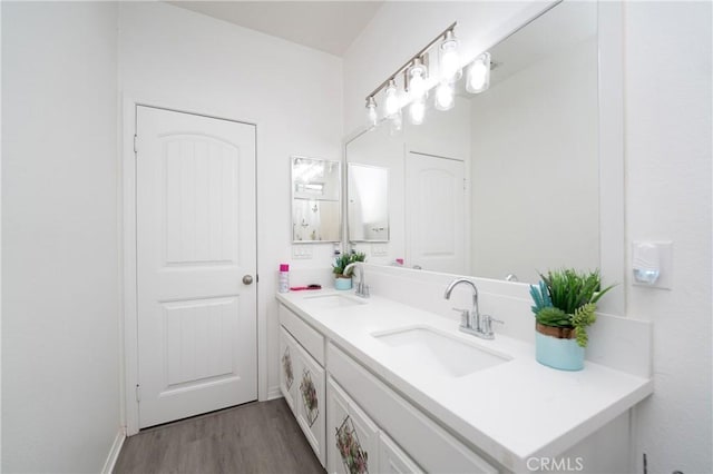 bathroom with vanity and hardwood / wood-style floors