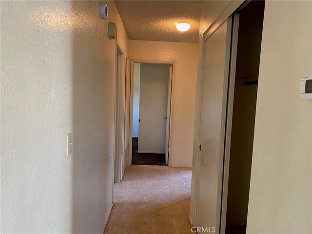 hall featuring light carpet and a textured ceiling